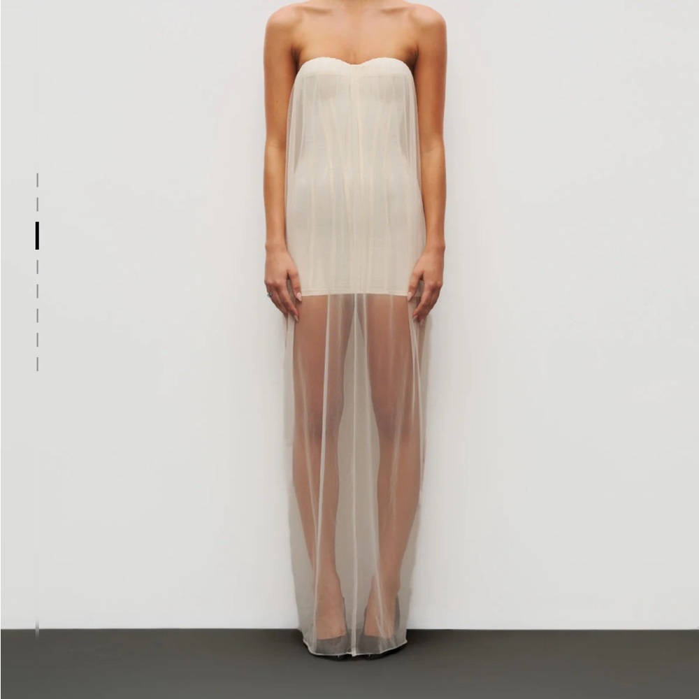 NWT Strapless Sheer Overlay Maxi Dress in Cream